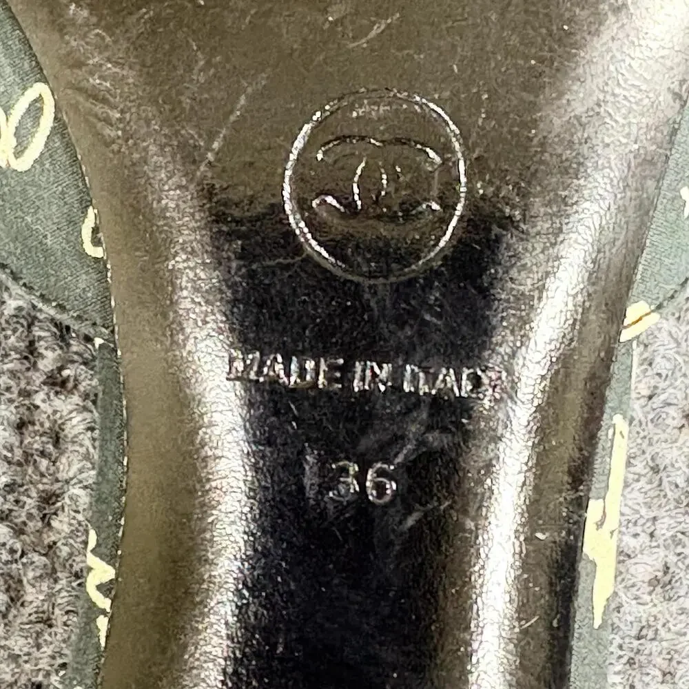 Vintage Chanel Shoes Womens 6 EU 36 Black Cruise Script Print Kitten Heel Mules